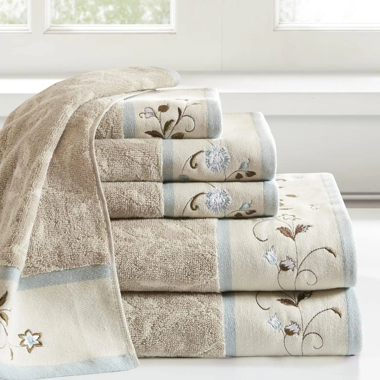 Luxury Floral Embroidered Cotton Towel Set, 100% Cotton, Highly Absorbent, OEKO-TEX Certified, Blue 6-Piece for Bathroom Decor