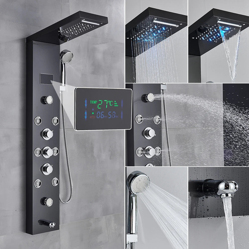 Newly Luxury Black/Brushed Bathroom Shower Faucet LED Shower Panel Column Bathtub Mixer Tap With Hand Shower Temperature Screen