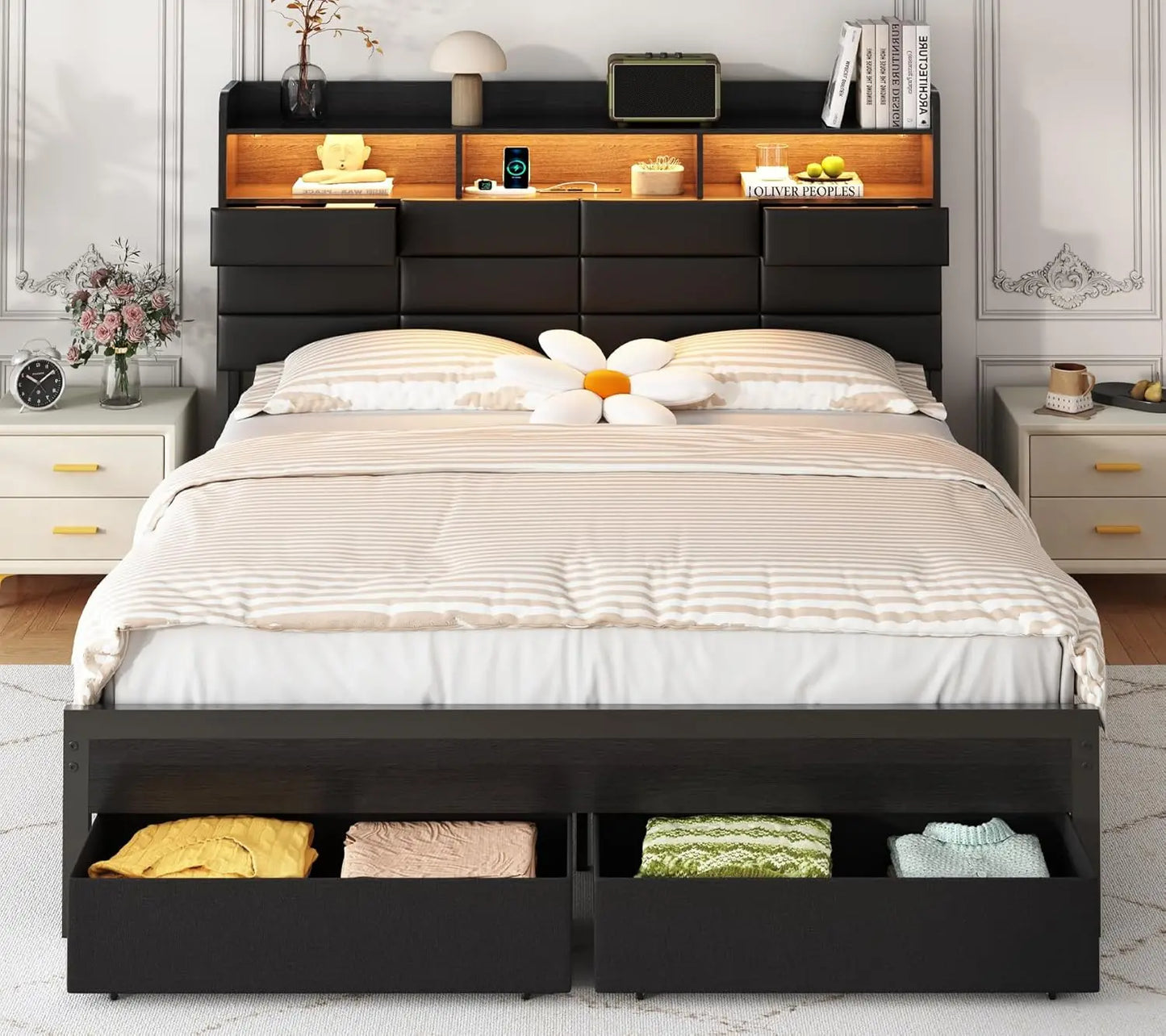 Full Bed Frame with Storage Headboard, Upholstered Black Bed Frame with 4 Drawers, LED Lights, and Charging, Customized