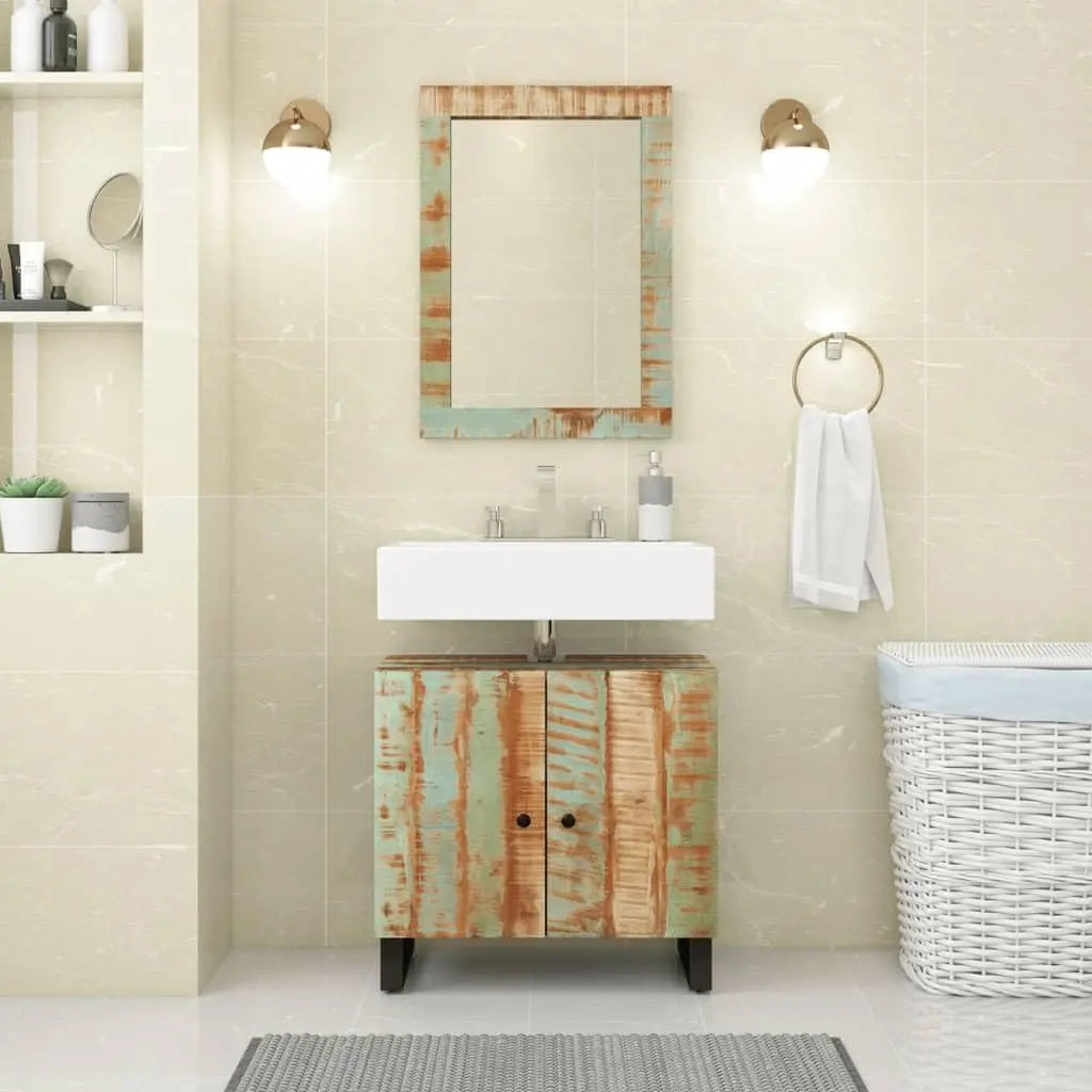 Rustic Bathroom Furniture Set, Solid Reclaimed Wood, 2-Piece Vanity Cabinet & Mirror, 13x24.4x22.8in, Farmhouse, Customized