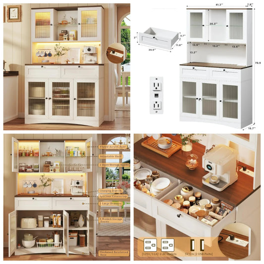 71" Kitchen Pantry Cabinet with Lights & Acrylic Doors, Storage Hutch with Microwave Stand Customized