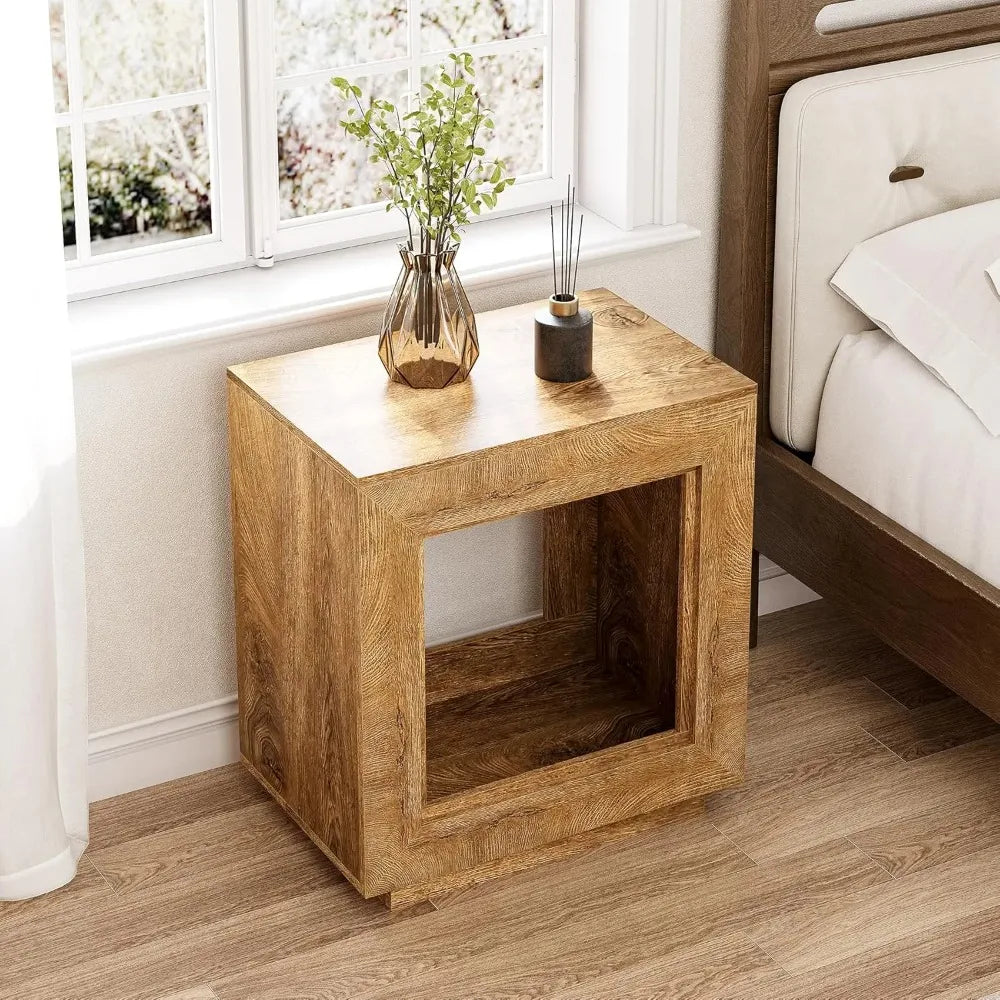 End Table, Wooden Square Side Table, Farmhouse Sofa Side Tables for Living Room, 2-Tier Table
