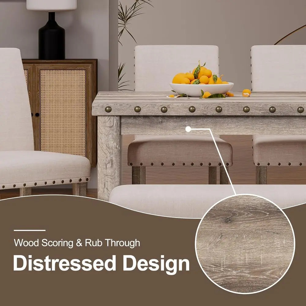 6-Piece Wooden Dining Set with Upholstered Bench and 4 Chairs, Elegant Kitchen Table with Nailhead Trim Accents