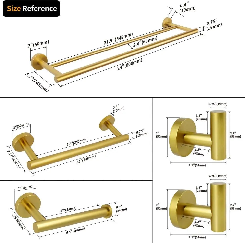 5-Piece Gold Bathroom Hardware Set - Wall Mounted Towel Bars, Toilet Paper Holder & Hooks