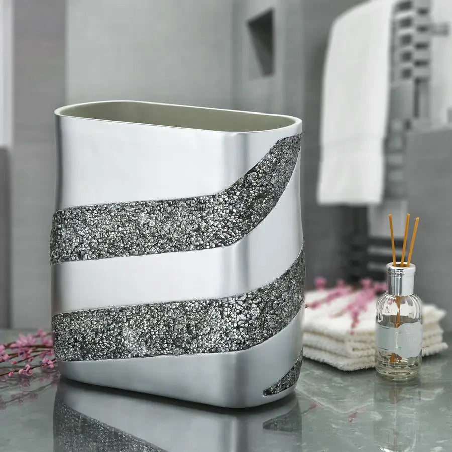 Silver Mosaic Bathroom Accessories Set Complete 6 Piece Bathroom Set Includes Bathroom Trash Can, Tissue Cover, Soap Dispenser,