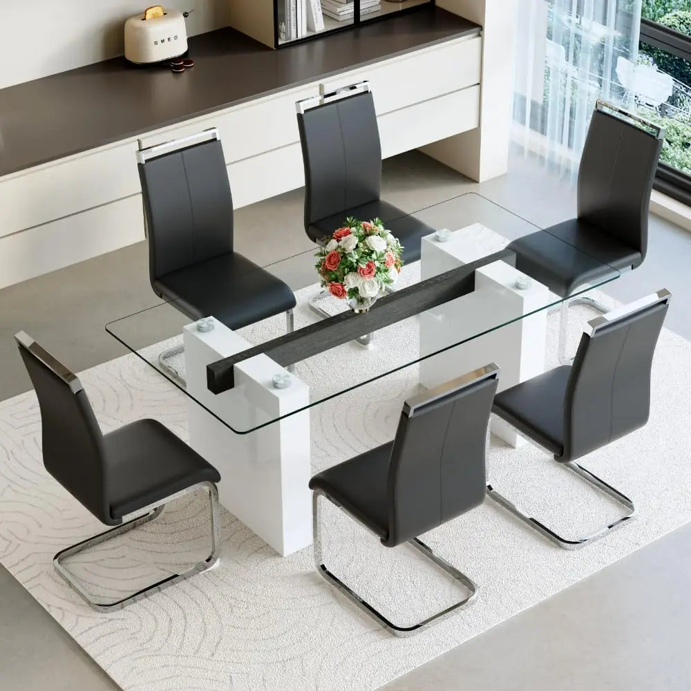 Glass Dining Table Set for 6, Modern Kitchen Table and Chairs for 6,71 in Glass Dining Table with 6 PU Leather, Customized