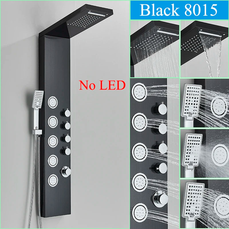Nekjacg Black LED Shower Faucet Shower Panel & Column Bathroom Waterfall Rain Shower System Wall Mount Massage Spa Spout System