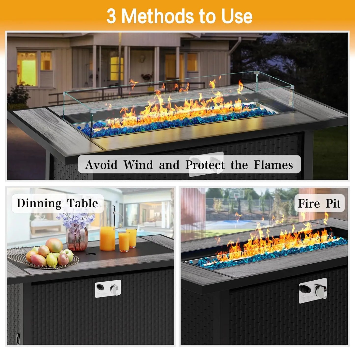 45in Fire Table, Propane Fire Pit with Glass Wind Guard and Rain Cover, Outdoor Firepit Table 50000 BTU 3-in-1 Fire, Customized