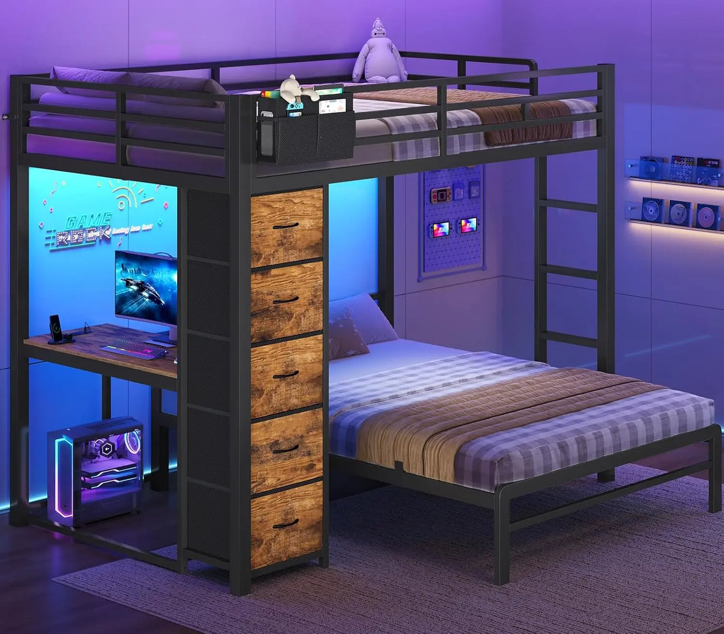 Bunk Bed with Desk, Full Over Full Bunk Beds with 5 Storage Drawers & Charging Station, Full Size Bunk Bed with LED, Custom