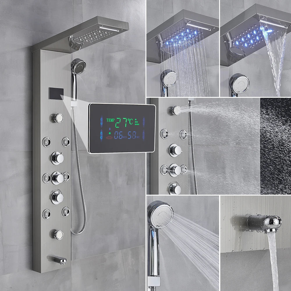 Newly Luxury Black/Brushed Bathroom Shower Faucet LED Shower Panel Column Bathtub Mixer Tap With Hand Shower Temperature Screen