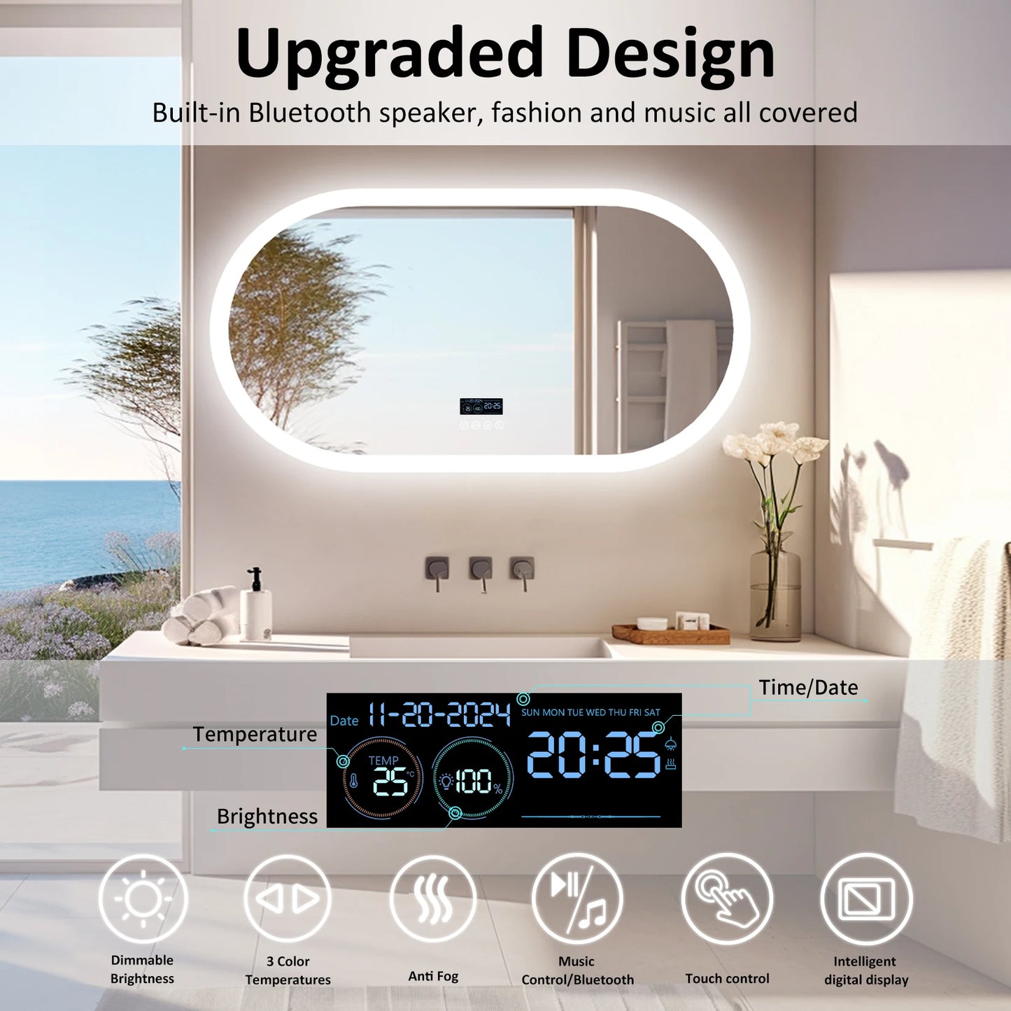 Oval LED Bathroom Mirror with Lights, Anti-Fog, Bluetooth Speaker, 3 Colors Temperature Dimmable Lighted Mirrors Waterproof