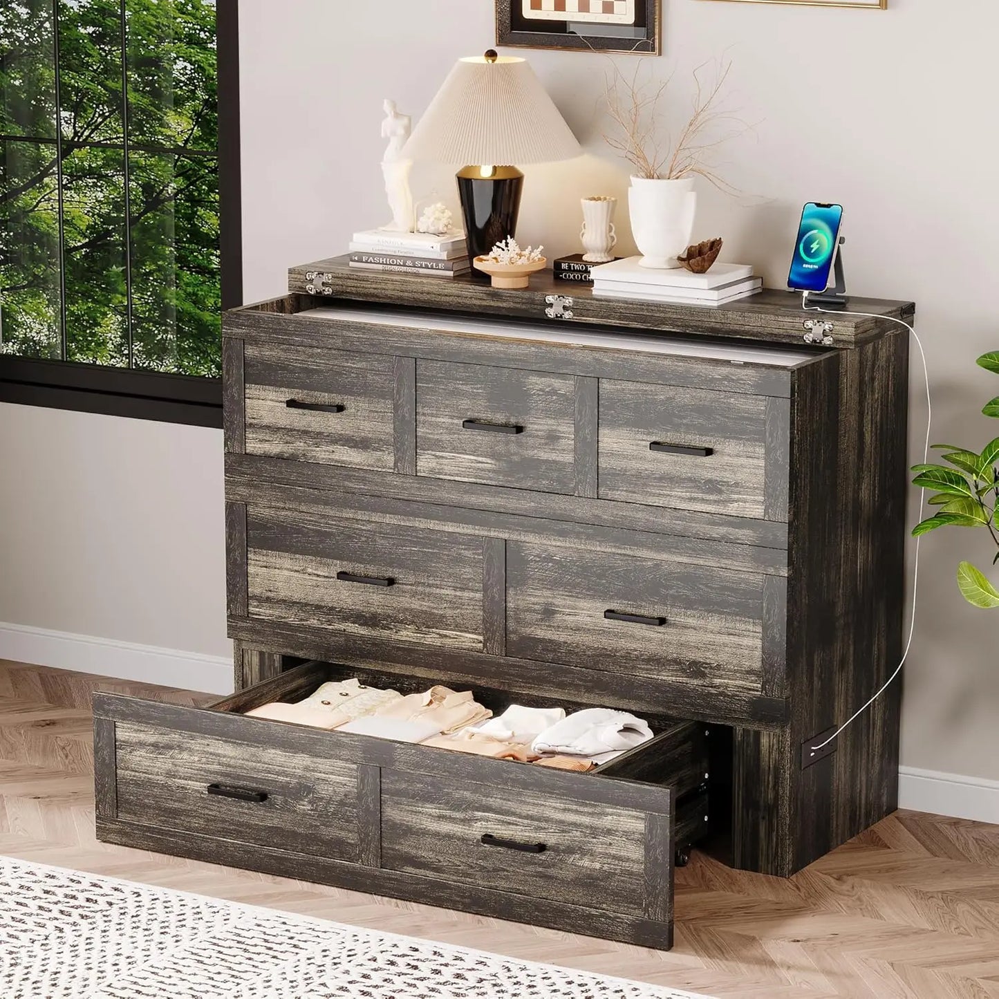 Full Size Murphy Bed Cabinet Bed Foldable Platform Bed with Charging Station Storage Drawer for Small Bedroom, Customized