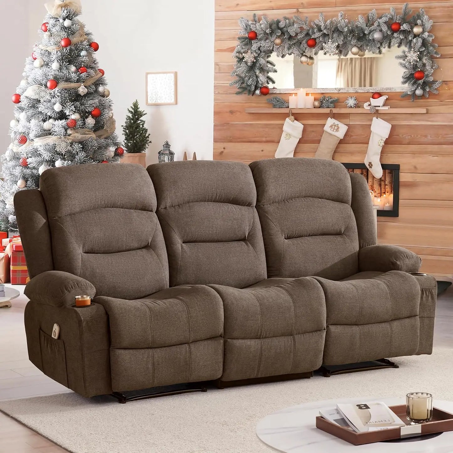 Oversized 3-Seater Recliner Sofa with Heat & Massage Wall-Hugger Cup Holders USB Port Fabric Grey for Living Room RV