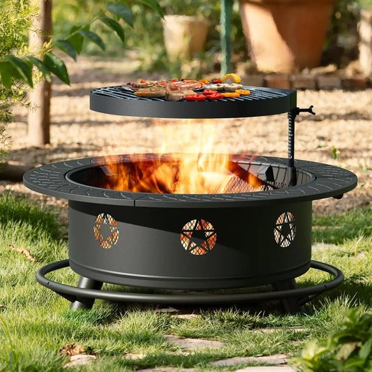 35 Inch Fire Pit with BBQ Grill, Wood Burning Fire Pits for Outside with Lid & Fire Poker, 3 in 1 Round Metal Fire, Customized