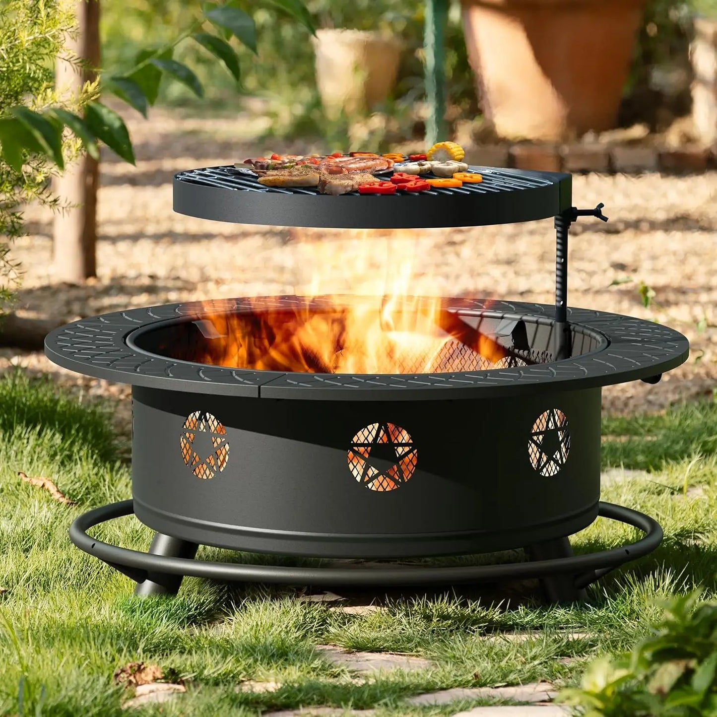 35 Inch Fire Pit with BBQ Grill, Wood Burning Fire Pits for Outside with Lid & Fire Poker, 3 in 1 Round Metal Fire, Customized