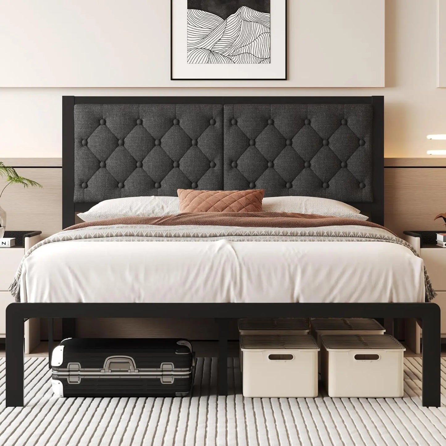Bed Frame with Headboard PU Leather Upholstered Bed Frame Platform,All Metal Slats Support Platform Bed Frame, Customized
