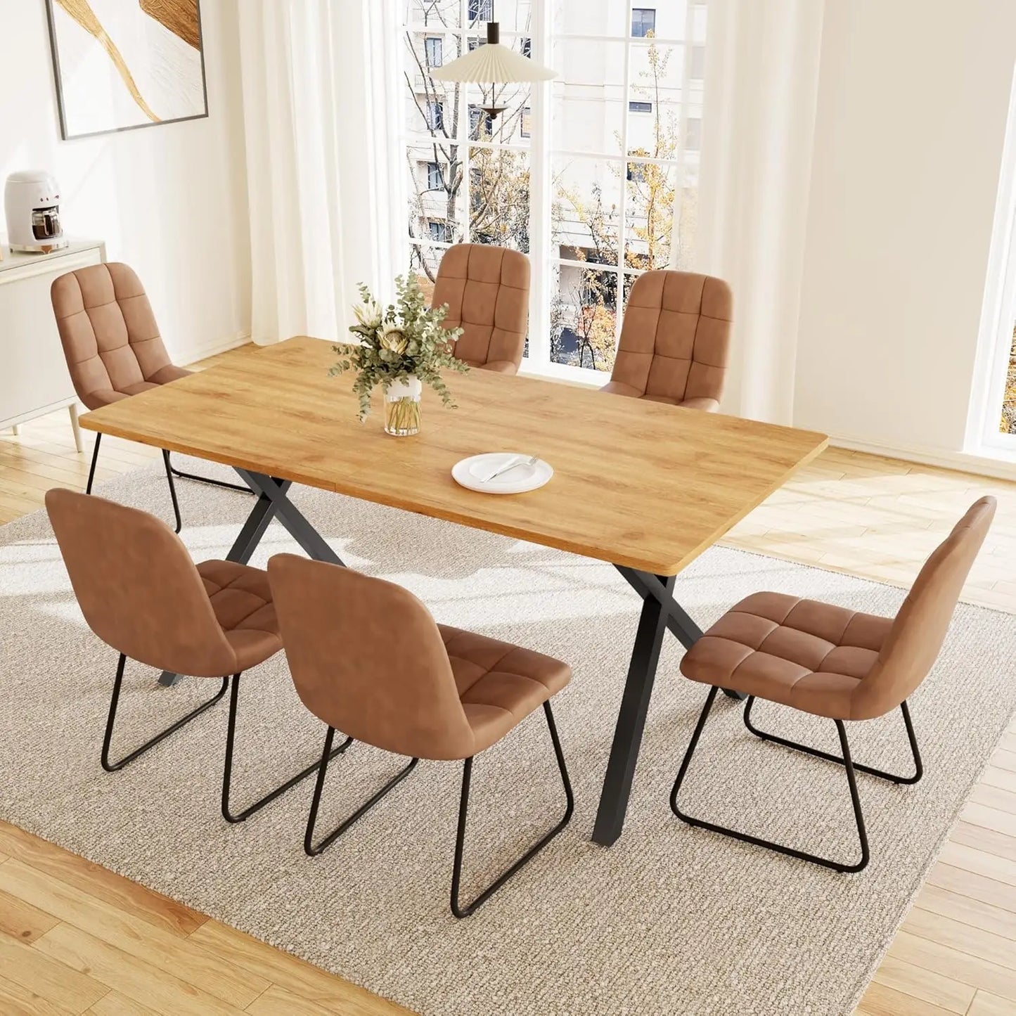 7-Piece Dining Set 63in MDF Table 6 Upholstered Chairs Metal Legs Kitchen Room Oak White Custom