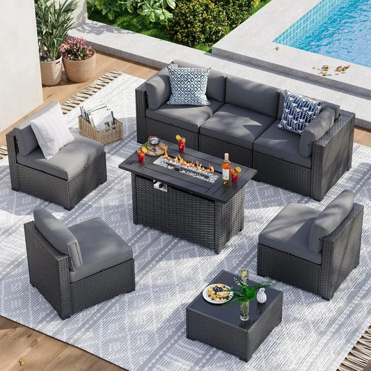 8 Piece Patio Furniture Set with 44 Fire Pit Table Wicker Rattan Sectional Sofa Outdoor Seating with Thickened Cushion, Grey