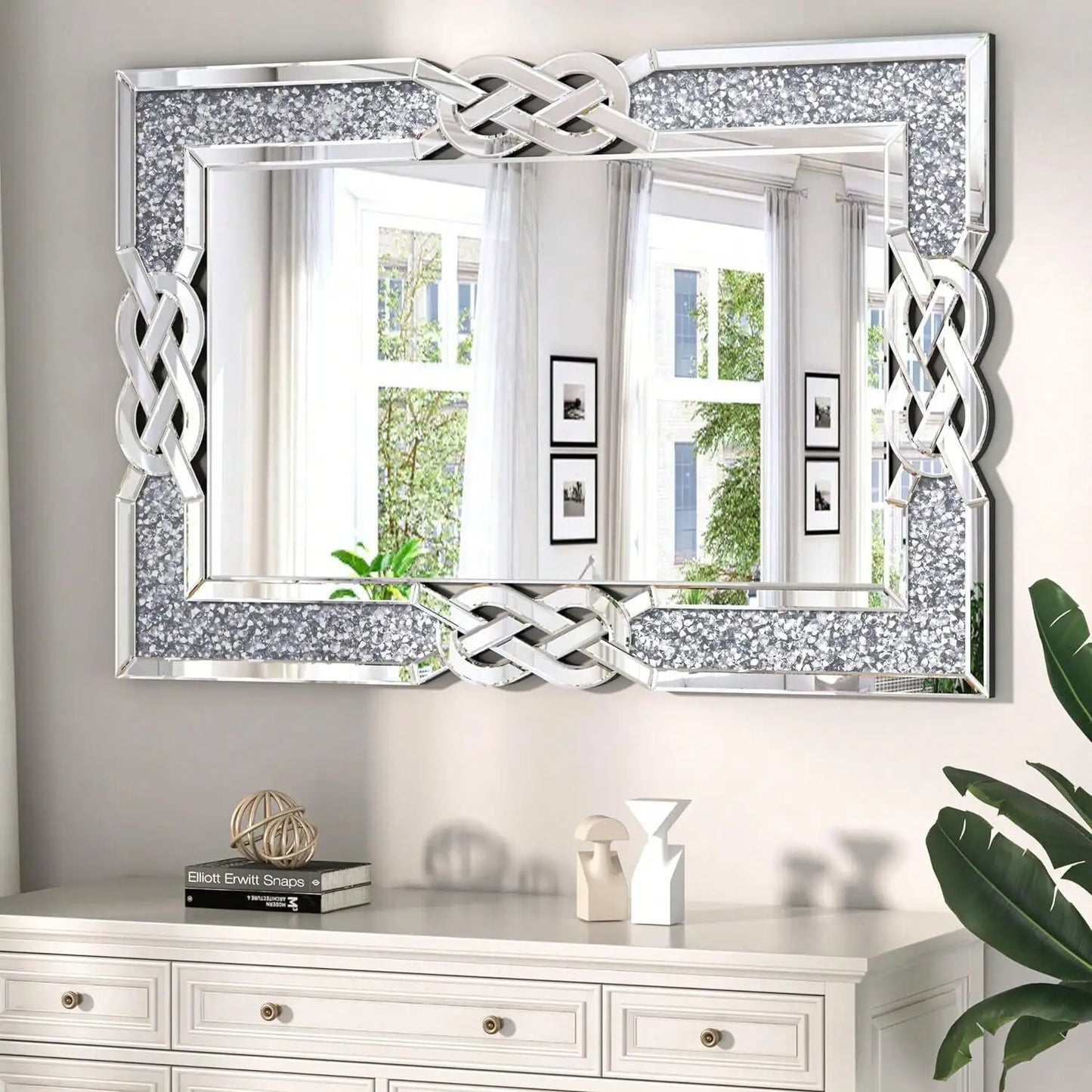 Sparkling Crystal Crush Diamond Accent Mirror for Wall Decorative Silver Mirrors