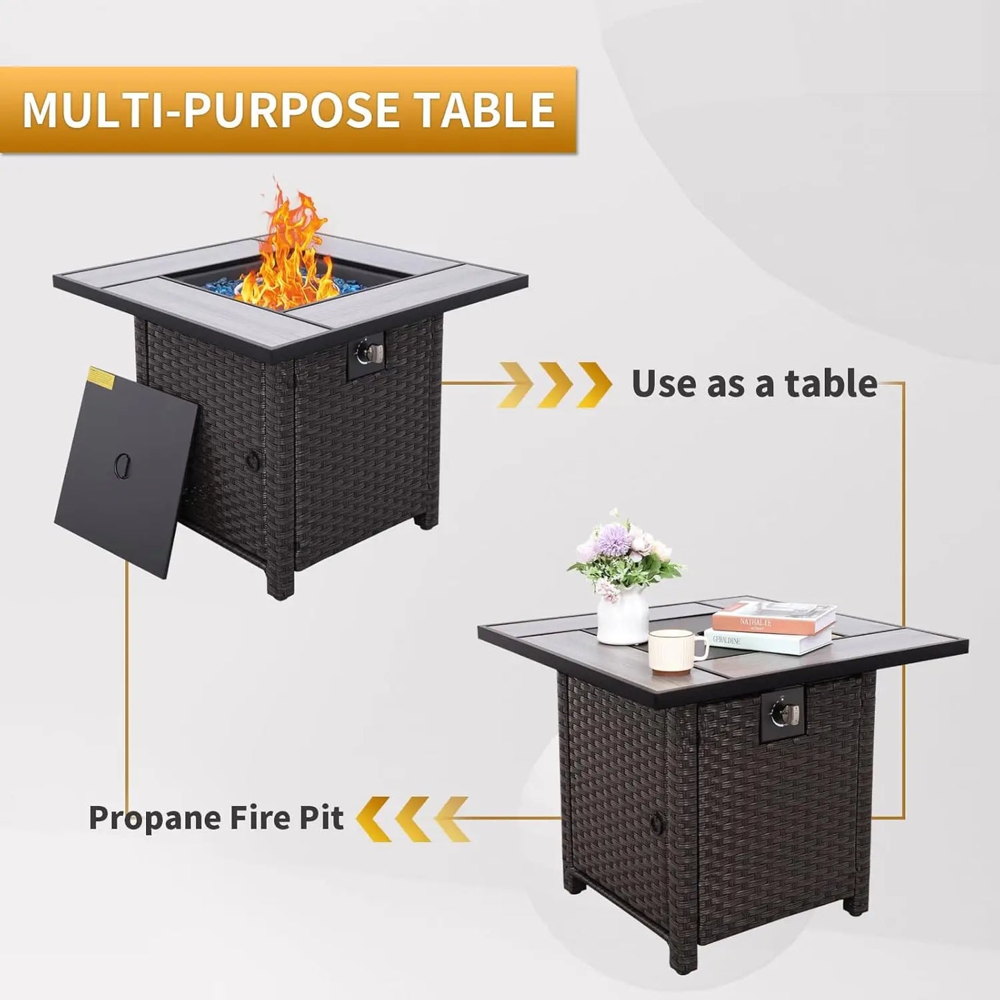 Propane Fire Pit, 30 Inch Outdoor PE Wicker Gas Fire Pit Table with Fire Glass, and Waterproof Cover, for Parties, Customized