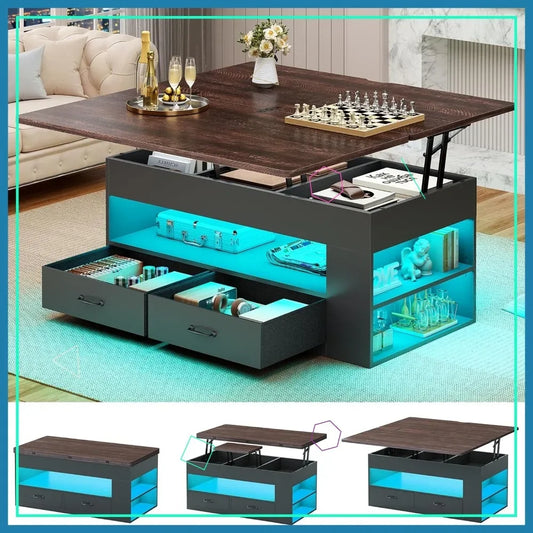 4-in-1 Lift Top Coffee Table with Storage, LED Lights, and Hidden Compartment for Living Room - Black