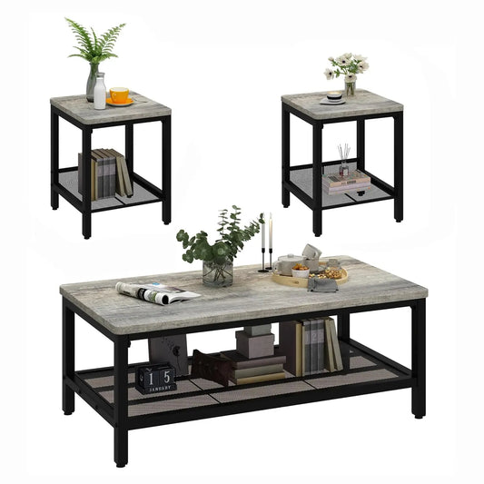 Coffee Table Set of 3, Industrial Coffee Table with 2 Square End Side Tables, Modern Living Room Table Set with, Customized