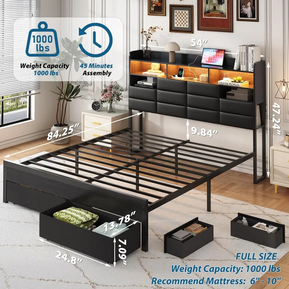 Full Bed Frame with Storage Headboard, Upholstered Black Bed Frame with 4 Drawers, LED Lights, and Charging, Customized