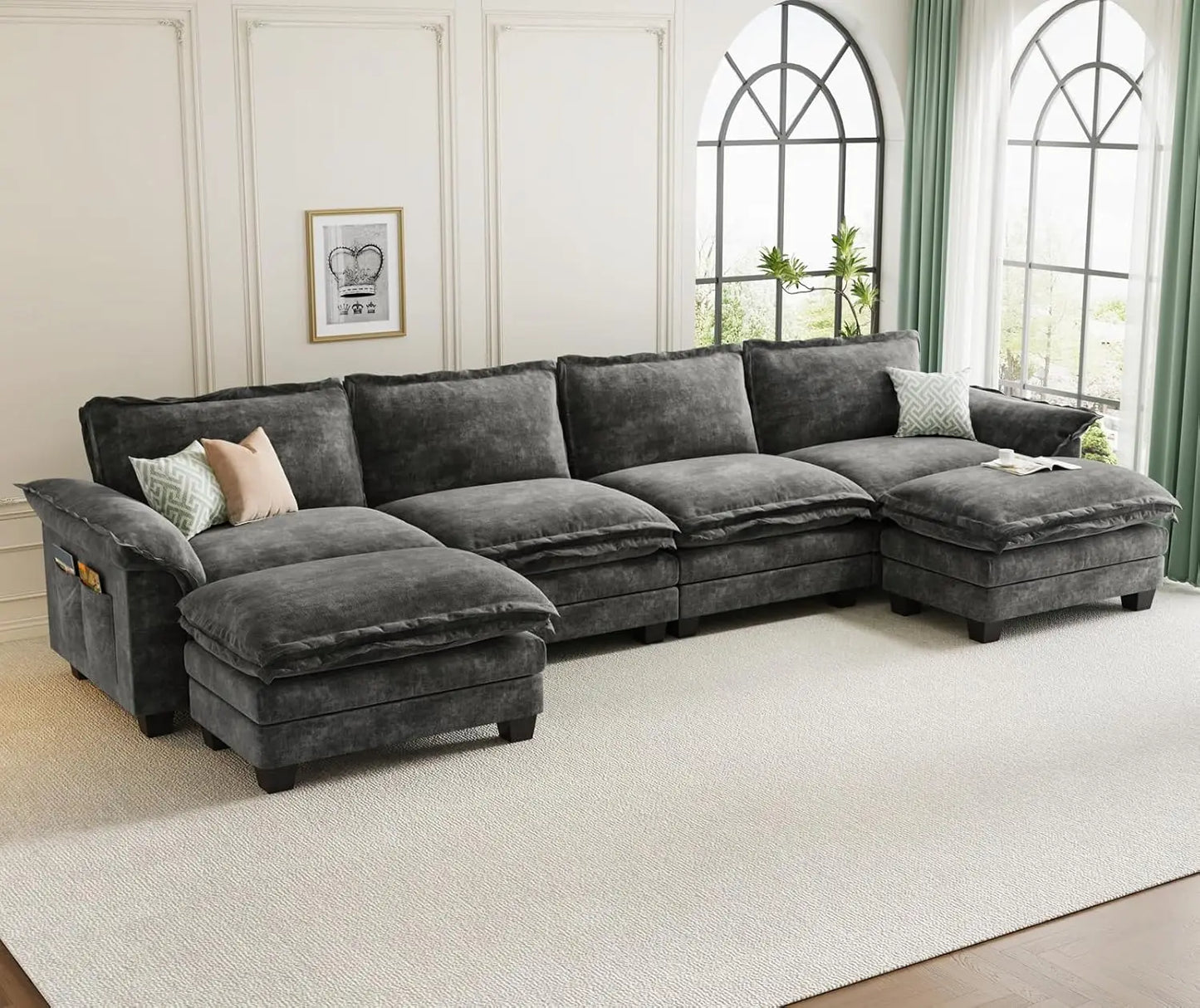U-Shaped Modular Sectional Sofa, 6 Seater Cloud Couch with Ottoman, Chenille Sectional Couches for Living Room