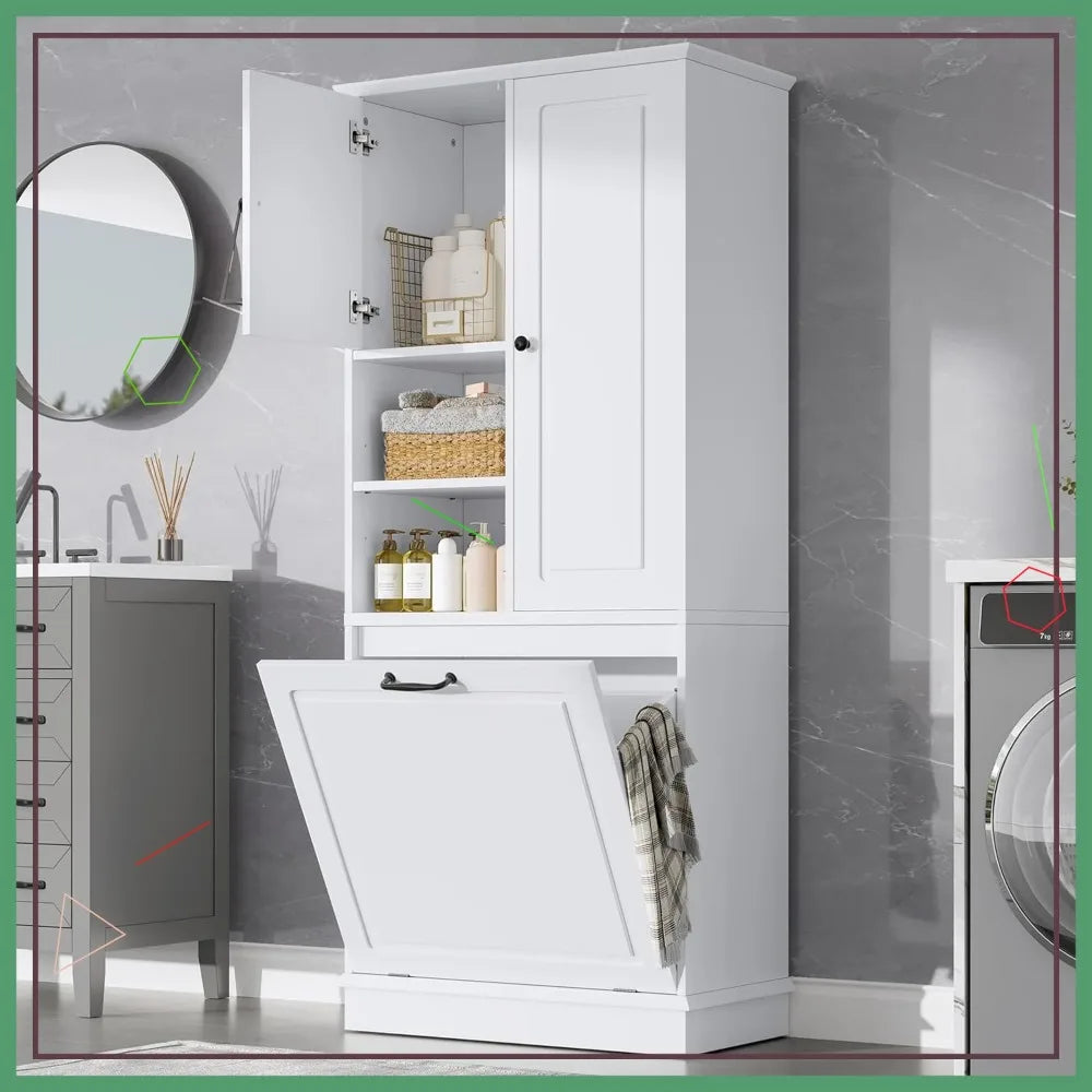 68" Tall Tilt-Out Laundry Hamper Cabinet with Adjustable Shelf, Freestanding Storage for Bathroom Kitchen Living Room