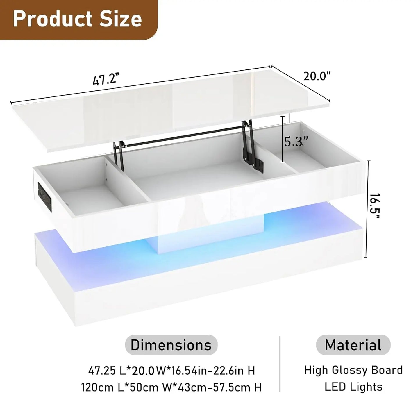 47.2" Large Lift Top Coffee Table,Modern High Glossy LED Coffee Tables for Living Room with Storage Drawer,White, Customized