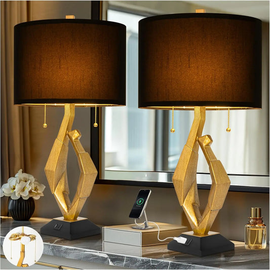 Table Lamp Set of 2 with USB Ports For Living Room, Gold Leaf Finish Farmhouse Lamps with S Cluster Pull Chains Switch