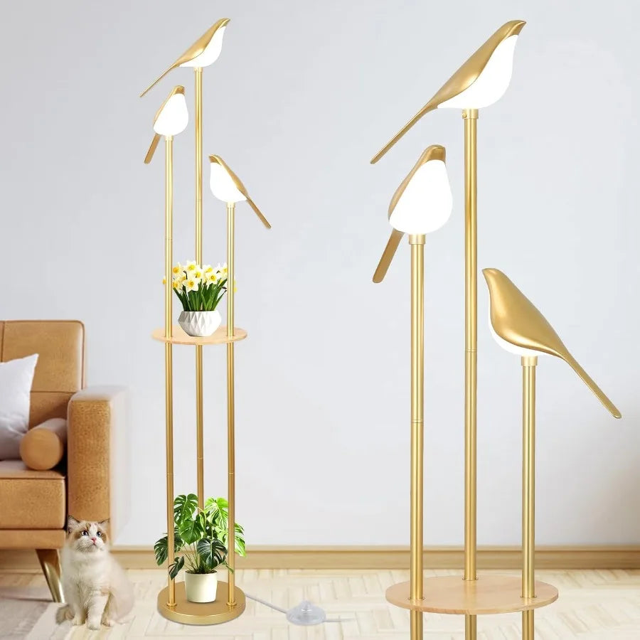 Gold Floor Lamps for Living Room Modern Floor Lamp with Shelves Mid Century Standing Lamp with 3 Adjustable LED Bird Lights Cor