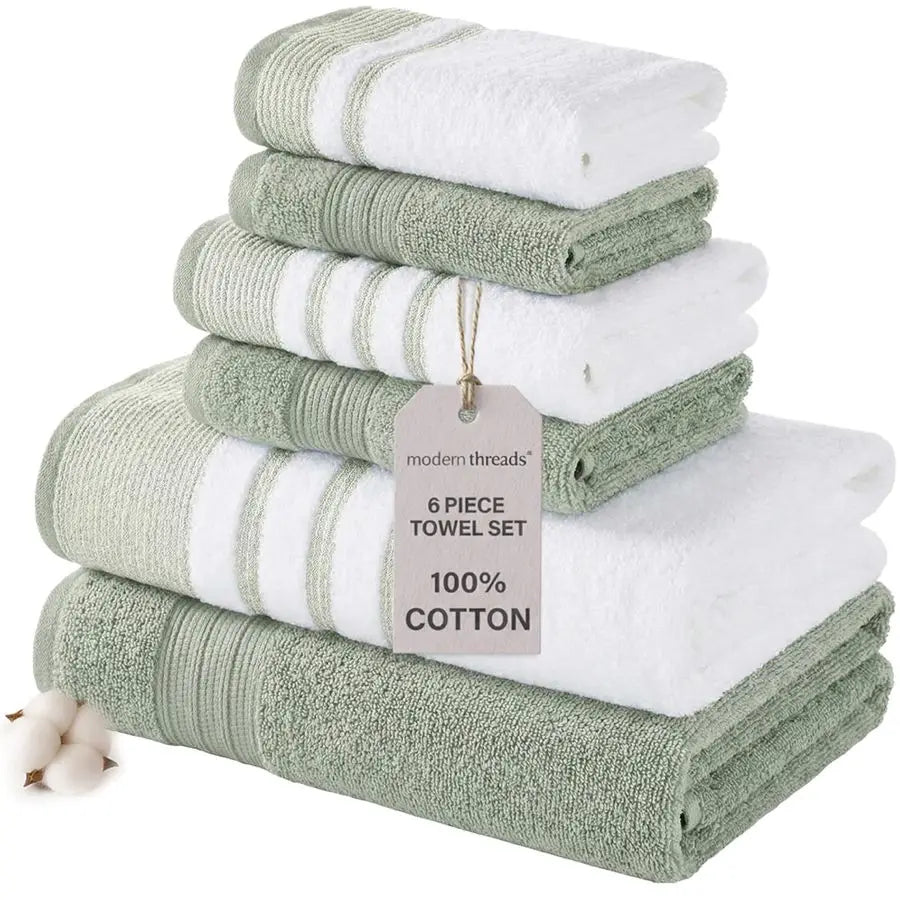 6 Piece Set, 2 Bath Towels, 2 Hand Towels, 2 Washcloths, Quick Dry White Contrast Reinhart Sage