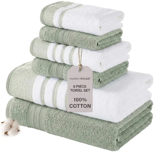 6 Piece Set, 2 Bath Towels, 2 Hand Towels, 2 Washcloths, Quick Dry White Contrast Reinhart Sage