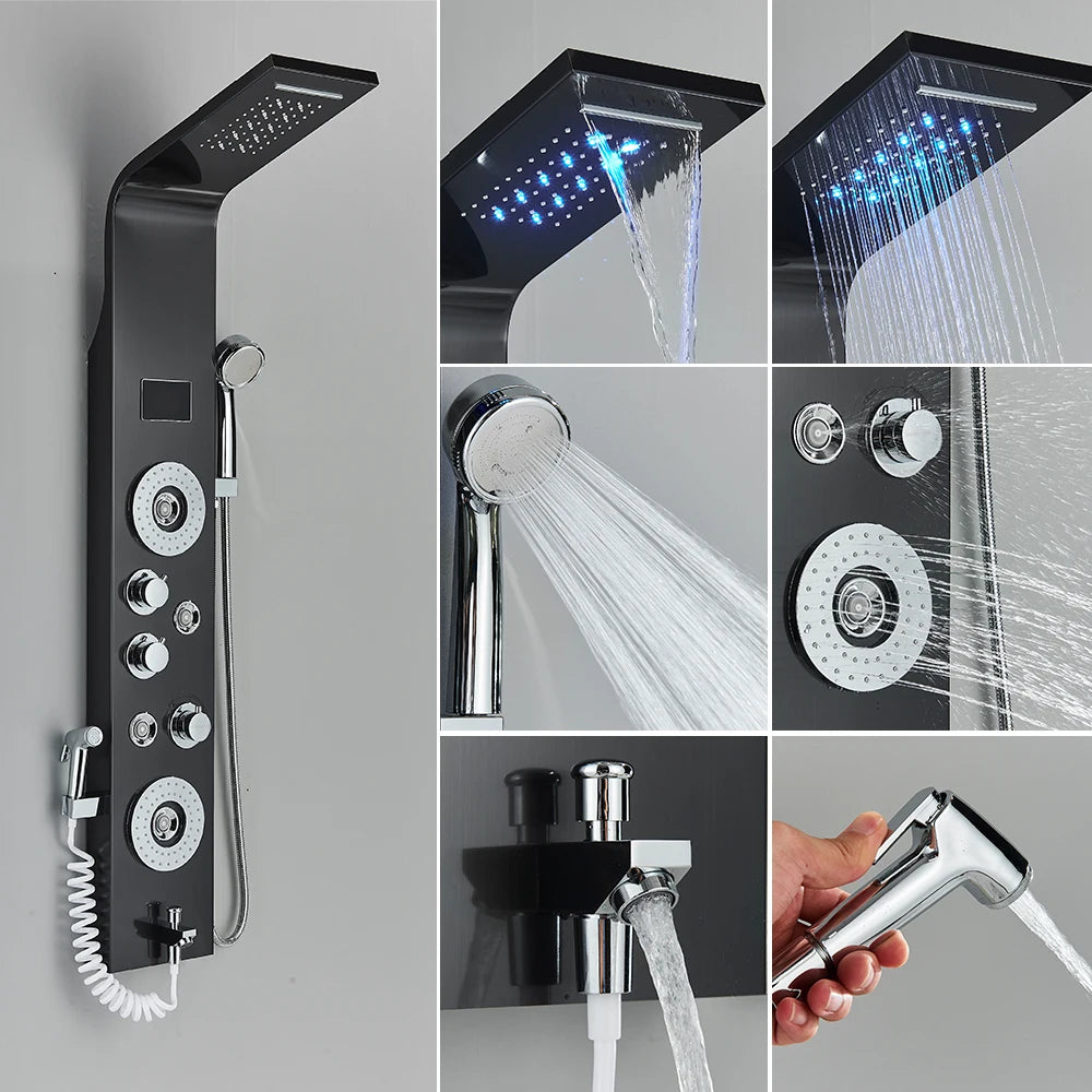 Newly Luxury Black/Brushed Bathroom Shower Faucet LED Shower Panel Column Bathtub Mixer Tap With Hand Shower Temperature Screen