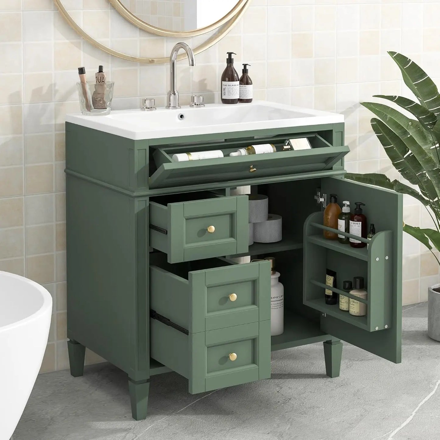 30" Bathroom Vanity Ceramic Sink Modern Freestanding Storage Cabinet Door 2 Drawers Tip-Out Drawer Solid Wood Frame, Customized