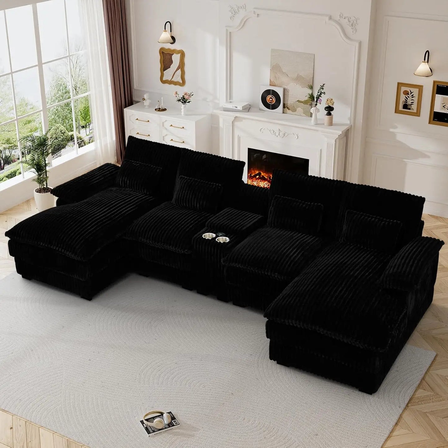 124" Cloud Couch Sectional U Shaped Jet Black Sectional Couches for Living Room, Plush Soft Comfy Fluffy Corduroy, Customized
