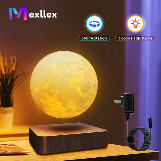 Magnetic Floating Rotating Moon Lamp with Wooden Base, 3 Color Temperature LED Night Lights of Print 3D for Unique Gifts,