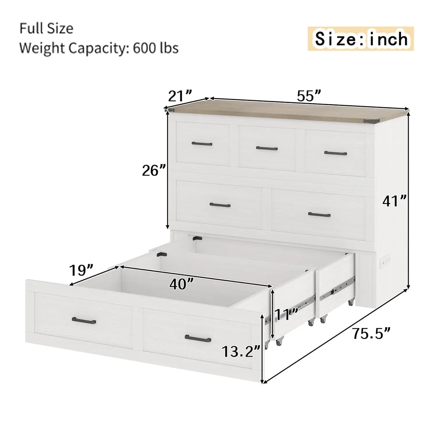 Full Size Murphy Bed Cabinet Bed Foldable Platform Bed with Charging Station Storage Drawer for Small Bedroom, Customized