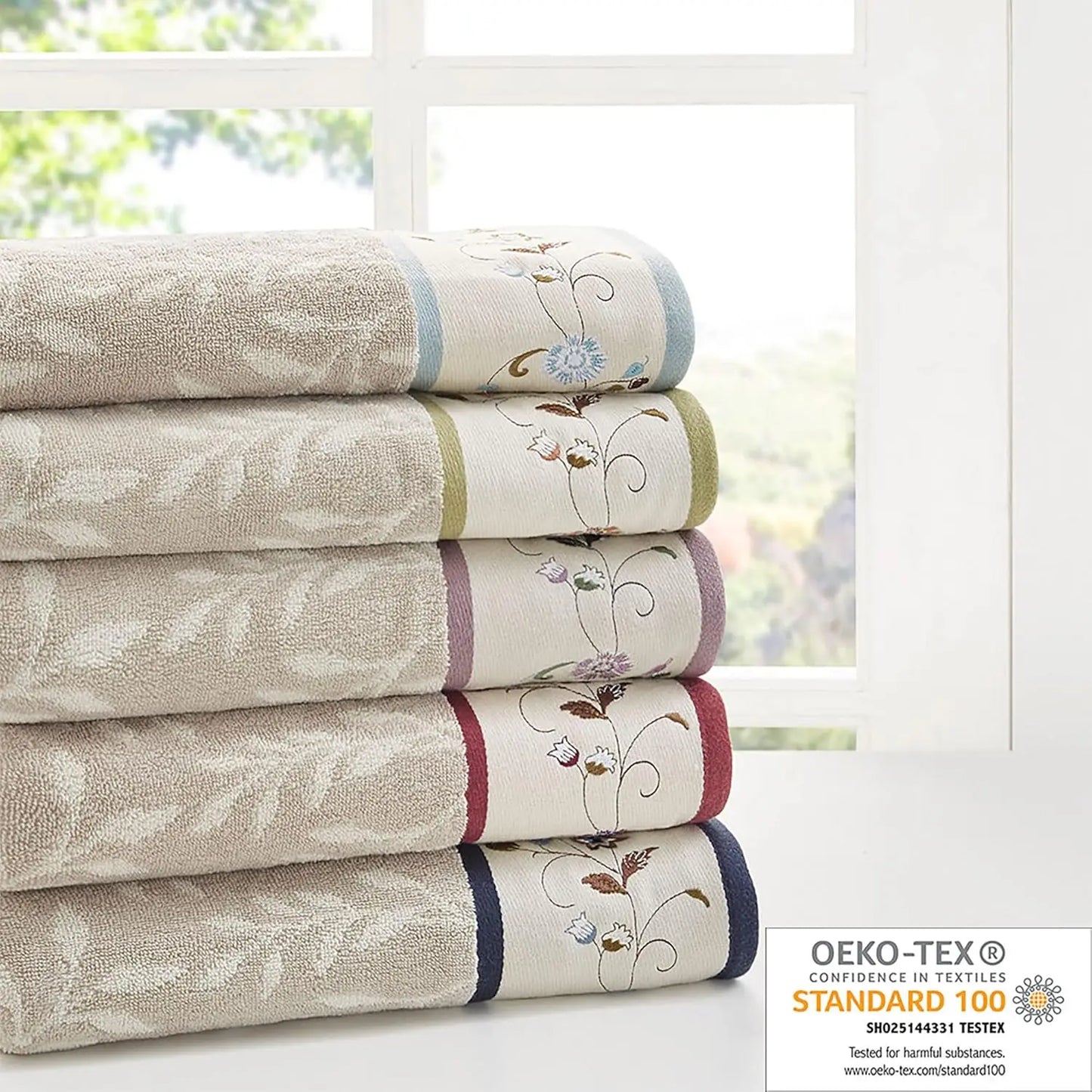 Luxury Floral Embroidered Cotton Towel Set, 100% Cotton, Highly Absorbent, OEKO-TEX Certified, Blue 6-Piece for Bathroom Decor