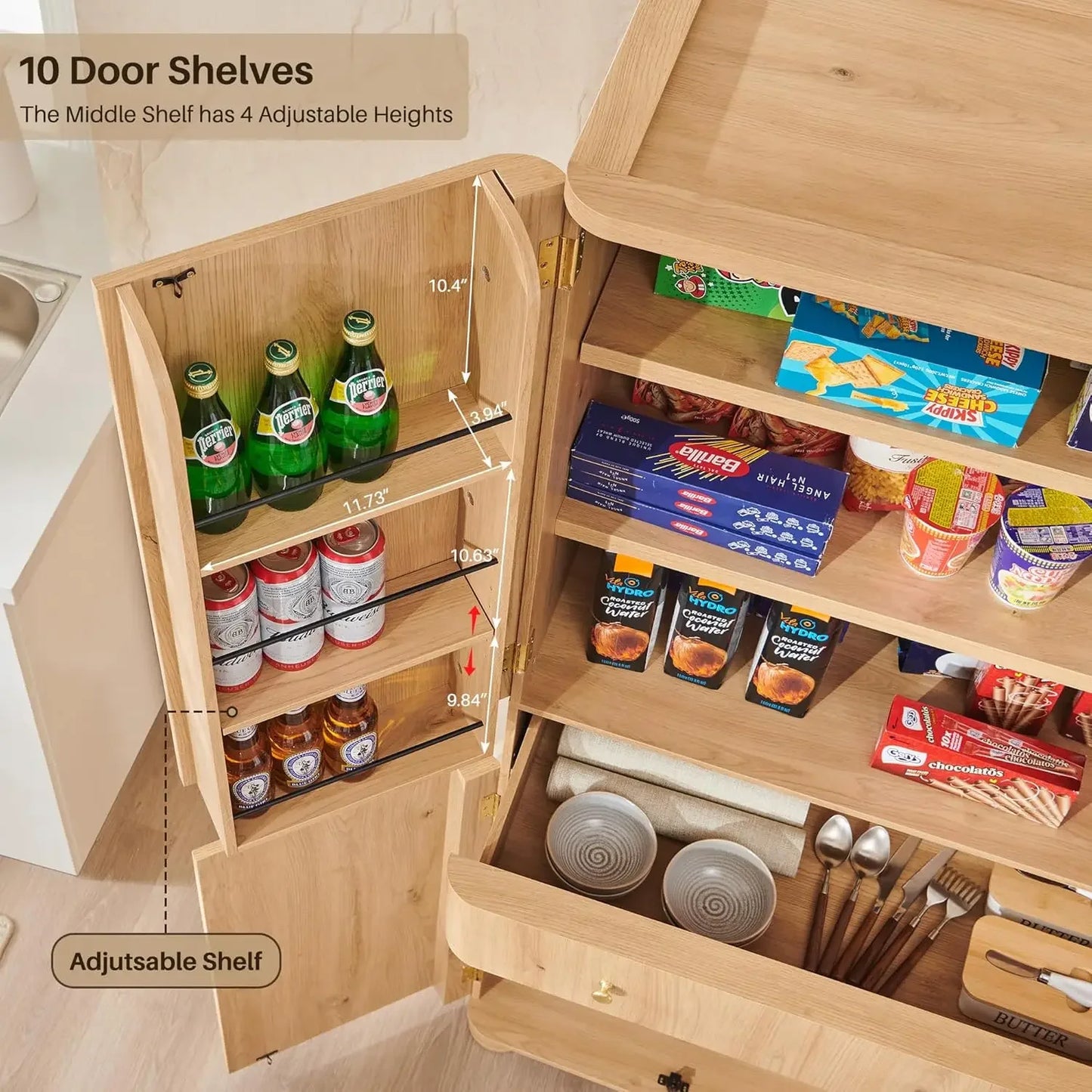 71" Tall Kitchen Pantry, Modern Curved Pantry Storage Cabinet with 4 Doors and 6 Adjustable Shelves, Cupboard for Kitchen, Dinin