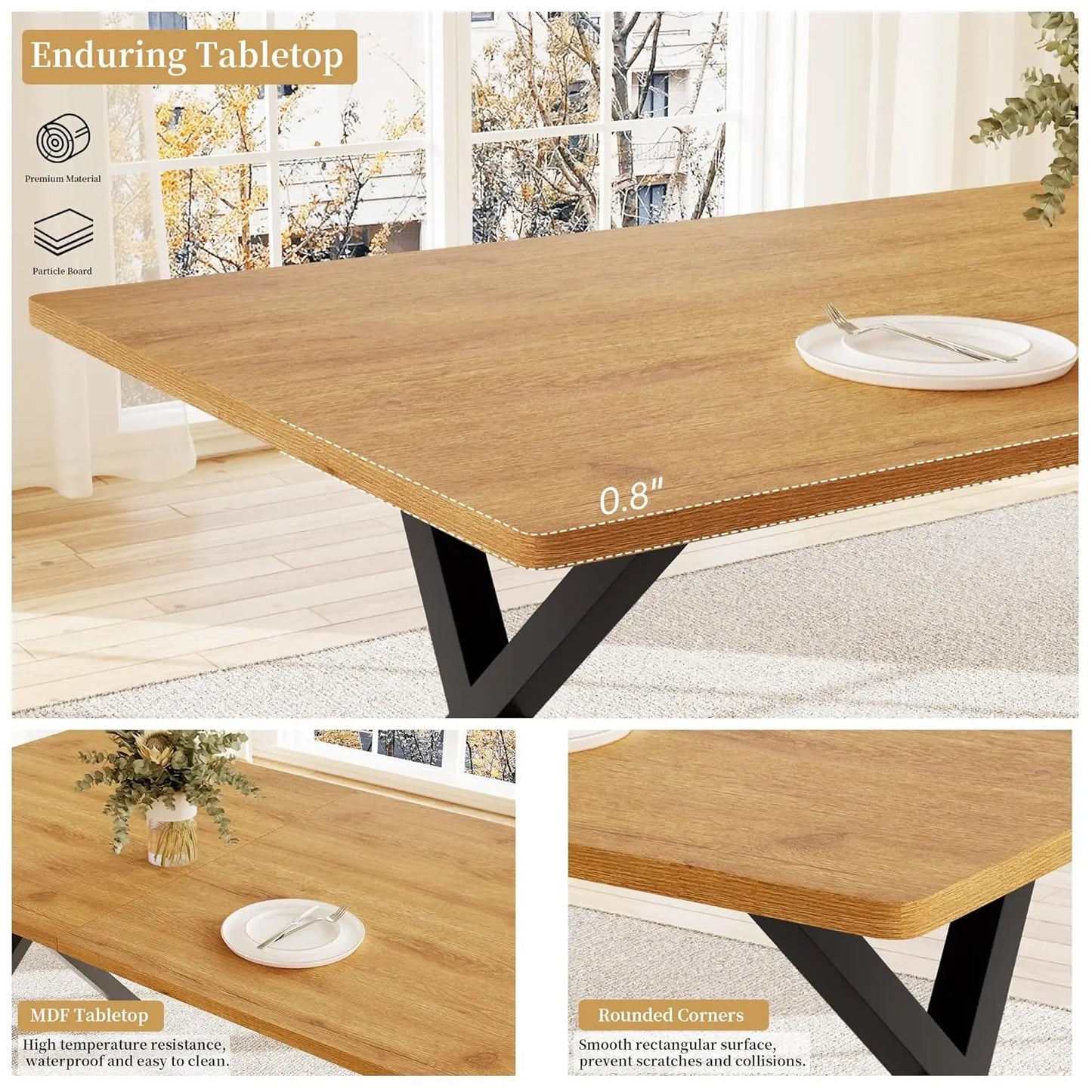 7-Piece Dining Set 63in MDF Table 6 Upholstered Chairs Metal Legs Kitchen Room Oak White Custom