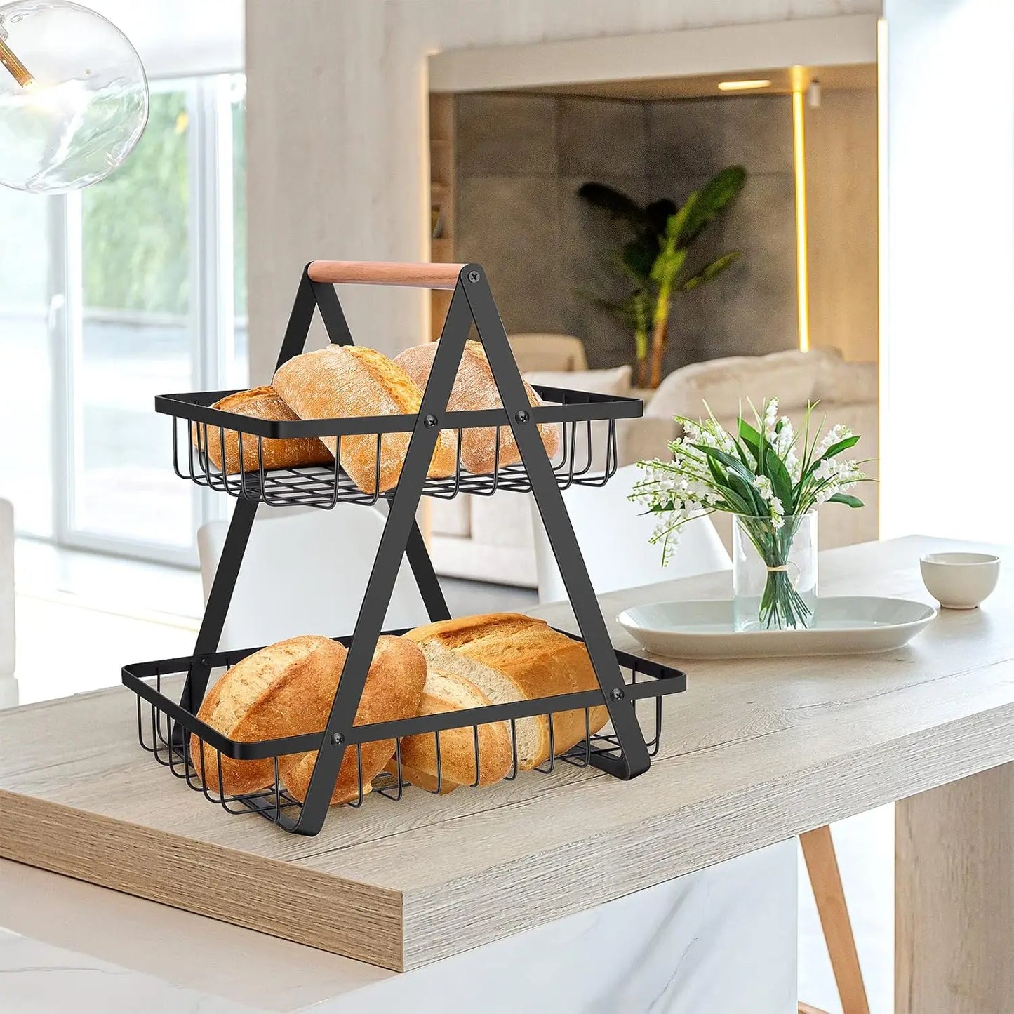 2-Tier Metal Fruit Basket, Portable Kitchen Organizer for Fruits Vegetables Snacks Storage