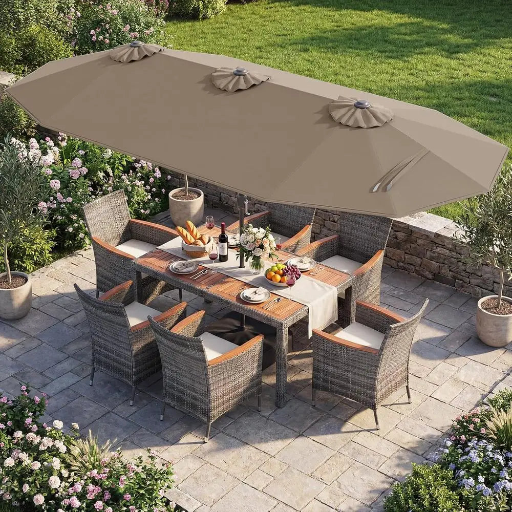 9-Piece Rattan Outdoor Dining Set with 13ft Patio Umbrella or 6-Seat Wicker Table Set with Cushioned Chairs, Acacia Wood Top, Ou