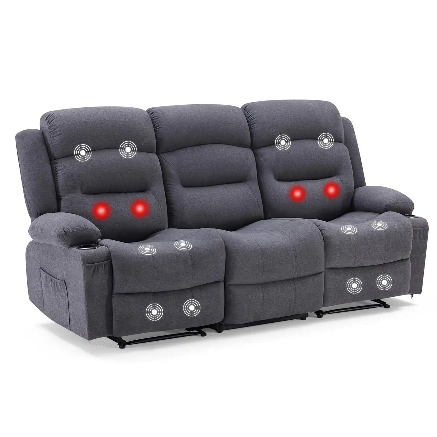 Oversized 3-Seater Recliner Sofa with Heat & Massage Wall-Hugger Cup Holders USB Port Fabric Grey for Living Room RV