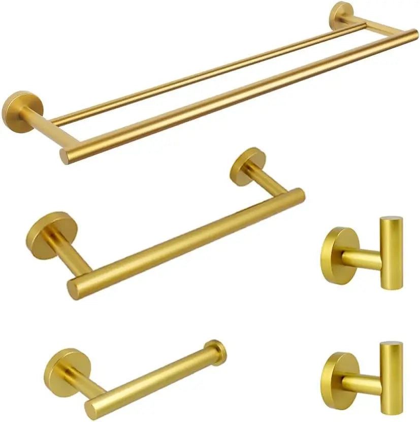 5-Piece Gold Bathroom Hardware Set - Wall Mounted Towel Bars, Toilet Paper Holder & Hooks