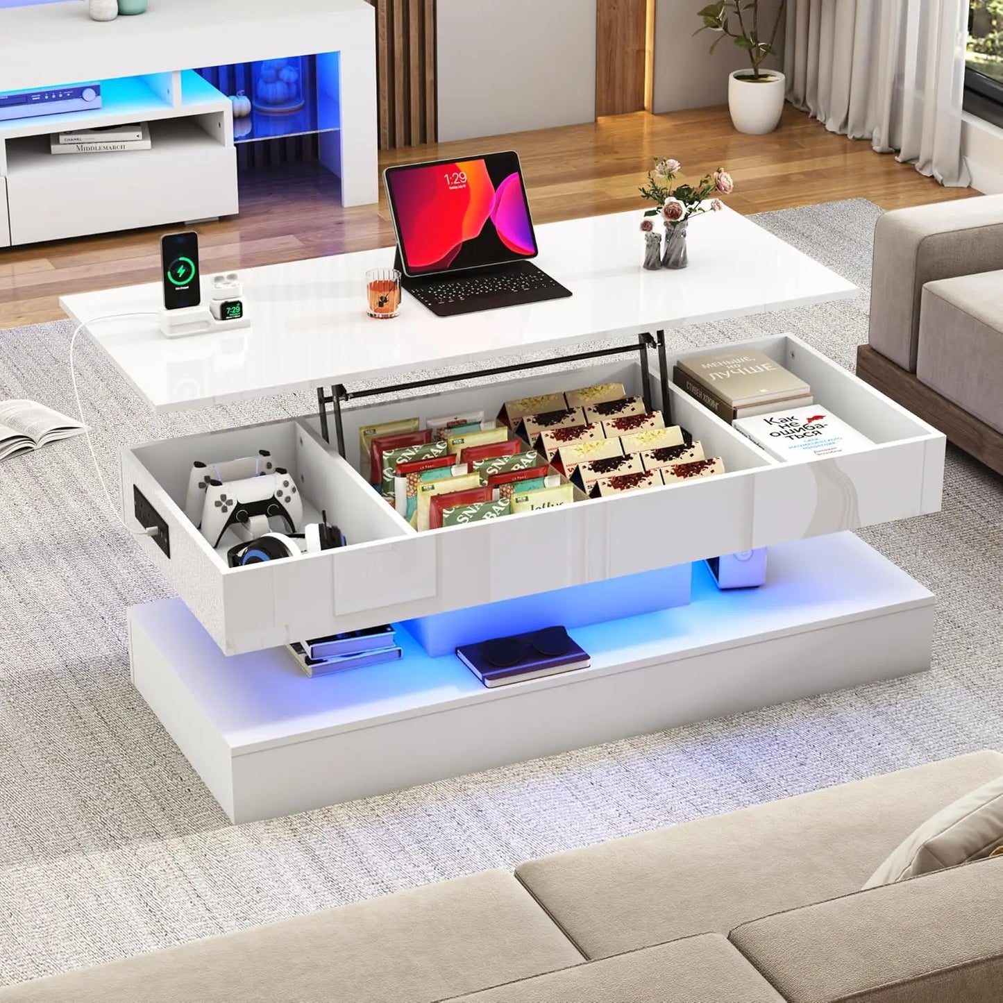 47.2" Large Lift Top Coffee Table,Modern High Glossy LED Coffee Tables for Living Room with Storage Drawer,White, Customized