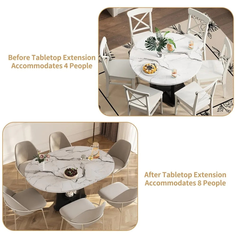 Extendable Dining Table 43"-59" for 4-6, White Faux Marble Round Kitchen Dining Room Table with 2 Tier Storage, Customized