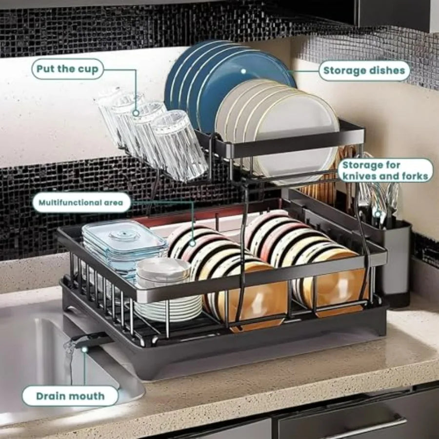Large 2-Tier Dish Drying Rack for Kitchen Countertops Removable Large-Ccity Stainless Steel Dish Draining Rack with Rust-Resist