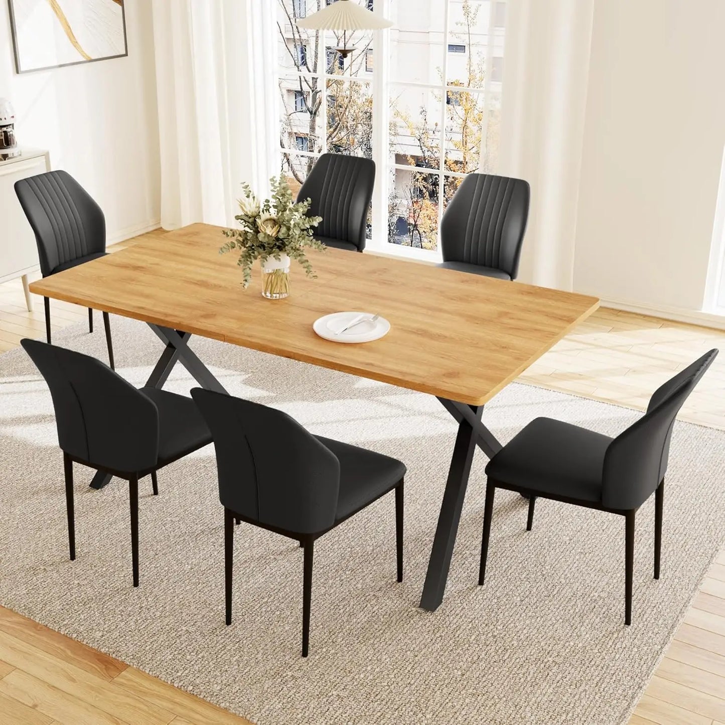 7-Piece Dining Set 63in MDF Table 6 Upholstered Chairs Metal Legs Kitchen Room Oak White Custom